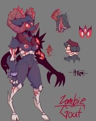 2021 3_eyes 4_fingers anthro areola biped black_body bone bovid breasts caprine chart cuff_(restraint) eyebrows eyelashes eyes_on_arms fangs female fingers genitals glistening glistening_areola goat height_chart hi_res hooves horn innie_pussy looking_at_viewer mammal multi_eye nipples open_mouth pussy red_areola red_nipples red_pussy red_sclera restraints sakanagashima shackles snout solo spikes standing teeth unguligrade white_eyes