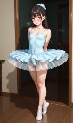 1femboy ai_generated arms_behind_back ballerina ballet_heels ballet_slippers blush brown_hair bulge bulge_through_clothing embarrassed embarrassed_femboy femboy lipstick male original penis penis_bulge pixai purple_eyes small_penis tutu urikoito