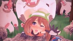 1girls 3boys bent_over bent_over_rock female great_ball male may_(pokemon) may_(pokemon_emerald) outdoors partially_clothed pokeball pokemon pokemon_rse pokephilia rape rock slakoth vigoroth witchanon
