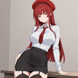 ai_generated amber_eyes female female_only fully_clothed garter_straps large_breasts light-skinned_female pencil_skirt red_eyes solo_female stockings tie
