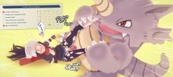 1boy 1girls akari_(pokemon) clothed_sex female gameplay_mechanics holding_legs leg_grab male pokemon pokemon_legends:_arceus pokephilia rape rhydon sex smoke_bomb torn_clothes wide_eyed witchanon