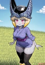 ai_generated bio-android_(dragon_ball) blonde_hair boots breasts cell_junior cosplay dragon_ball dragon_ball_z helmet kimono manyuuki nyan_nyan outdoors pink_eyes rule_63 sash spur//. thighhighs