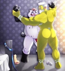 against_surface against_wall anthro armpit_hair azure_(pupblueslut) bear bed bedroom black_body black_fur blue_eyes blush body_hair brown_hair chastity_device collar dildo duo fur furniture gay genitals giant_panda green_body green_skin hair ikaroap indoors kabedon leash male male/male male_anthro mammal musclegut muscular muscular_male naked naked_anthro naked_male nude nude_anthro nude_male orc orc_male overweight overweight_male penis red_eyes red_penis sex_toy torug_(pupblueslut) wallpaper white_body white_fur white_hair