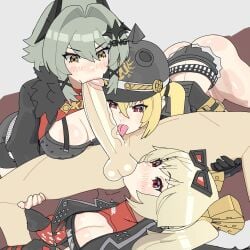 3d 3d_model 3d_render 3girls amplected ass_out ass_up big_breasts big_butt big_penis big_thighs blonde blonde_female blonde_hair blonde_hair_female blush blush_lines blushing blushing_female breasts burnice_white caesar_king clevage female fully_clothed fully_clothed_female gloves green_hair green_hair_female hair_ornament hairclip headgear headwear hoyoverse large_ass large_breasts large_butt large_cleavage large_penis licking licking_penis long_hair looking_at_genitalia looking_at_penis luciana_de_montefio orange_eyes penis_lick red_eyes shades shades_above_head shorts sucking sucking_balls sucking_dick sucking_penis sucking_testicles sucking_tip thick thick_ass thick_butt thick_thighs vein veins veiny veiny_penis white_background zenless_zone_zero