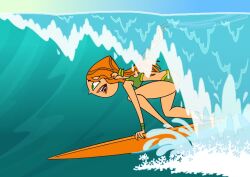 2025 beach black_eyebrows cartoon_network deviantart eyebrows_visible_through_hair green_bikini green_bracelets green_eyes green_hairband hand_on_surfboard izzy_(tdi) meta not_ai_generated not_porn ocean orange_lipstick orange_ponytail orange_surfboard surfing total_drama_island unknown_artist warner_bros._animation waves