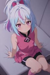 ai_generated androgynous bike_shorts blue_hair long_socks medium_hair multicolored_hair pink_eyes ponytail purple_hair skirt streaked_hair t-shirt white_hair