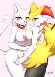 2016 absurdres anthro big_breasts blush braixen breast_squish breasts breasts_frottage canine collar duo feline female fox fur furry hand_behind_back hand_on_thigh heterochromia highres homura_(homura_kasuka) inner_ear_fluff interspecies looking_at_viewer mammal multicolored_fur nintendo nude open_mouth pokémon_(species) pokemon pokemon_(species) pokephilia portrait purple_eyes red_eyes sideboob simple_background smile tailzkim three-quarter_portrait white_fur yuri