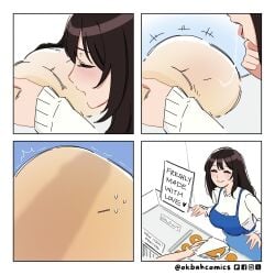 4koma apron artist_self-insert baker bakery big_breasts breasts brown_hair clothed comic doughnut female implied_anilingus large_breasts long_hair ok_bah_comics sexually_suggestive suggestive_fluid