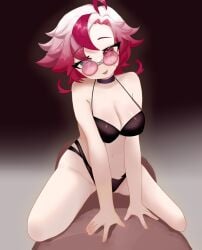 breasts breasts duo glasses half-dressed on_bed on_top red_eyes red_hair sex shion_artai sitting sitting_on_person underwear white_body white_eyes white_hair