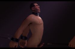 3d ball_gag bondage bondage bondage_cuffs chest_hair collar cuffs erection gay glasses human_only male_only medic_(team_fortress_2) neminder nipples nude nude_male riding_crop sfm source_filmmaker team_fortress_2 teasing teasing_penis yaoi