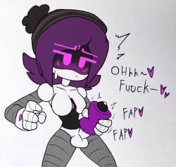 b5kbao7oagzbnlf_(artist) balls ballsack beanie beanie_hat blush breasts fapping futanari glitch_productions heart heart heart_symbol masturbation murder_drones no_nipples precum purple_blush purple_eyes purple_hair purple_hearts sex_toy sweatdrop uzi_(murder_drones) worker_drone