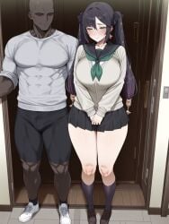 ai_generated big_breasts blush breast_squeeze breasts bulge dark-skinned_male full_body genshin_impact huge_breasts mona_(genshin_impact) muscular_male shoes short_skirt shy skirt socks thick_thighs twintails v_arms wide_hips