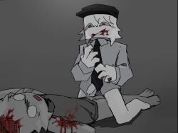 2boys 2d 2d_(artwork) blood blush bottomless cannibalism corpse death gore grey_skin guro male original_character precum roblox roblox_avatar self_upload smug white_skin yawned_beef