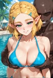 ai_generated bikini blush breast_grab chocopizza_style dark-skinned_male groping imminent_sex large_breasts looking_at_viewer older_male older_male_and_younger_female seductive_smile zelda_(tears_of_the_kingdom)