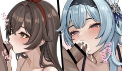 1boy 2girls amber_(genshin_impact) bar_censor black_hairband blue_hair blush brown_eyes brown_hair censored commentary_request cum cum_overflow dark-skinned_male dark_skin eula_(genshin_impact) fellatio genshin_impact hair_between_eyes hair_ornament hairband half-closed_eyes long_hair multiple_girls oral paid_reward_available penis portrait purple_eyes red_hairband se34tai simple_background spaghetti_strap straight translation_request white_background