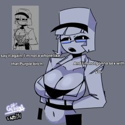 1girls 2d 2d_(artwork) belly_button breasts cleavage cleavage_cutout clothed denial female female_only five_nights_at_freddy's glasses henry_emily hips huge_breasts imminent_sex refusing_sex secretly_wants_it security security_guard security_uniform talking_to_another text