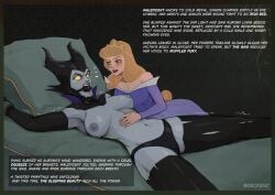 2girls angry angry_expression angry_face aurora_(sleeping_beauty) ball_gag bed_bondage big_woman black_panties bondage bound breasts breasts_out deckenz defeated defeated_villainess disney disney_princess disney_villains fairytales female_only femdom horn maleficent princess queen shackles shivering size_difference sleeping_beauty_(1959_film) spread_eagle story tied_to_bed villain villainess