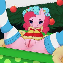 2017 blue_eyes christmas clothed clothing earth_pony equine female feral friendship_is_magic hair hi_res holidays horse legwear looking_at_viewer mammal my_little_pony pink_hair pinkcappachino pinkie_pie_(mlp) pony presenting presenting_pussy pussy smile solo spread_legs spreading striped striped_legwear stripes