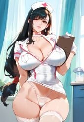 2d ai_generated black_hair cleavage female female_focus female_only final_fantasy final_fantasy_vii gloves hat highleg indoors long_hair nurse nurse_cap nurse_uniform panties solo solo_female solo_focus tagme thighhighs tifa_lockhart white_panties white_thighhighs
