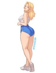 ass bare_legs bare_shoulders blonde_hair blue_eyes blue_shorts blush breasts clothing competition_swimsuit female female footwear from_behind invisible_woman large_breasts lips long_hair looking_at_viewer looking_back marvel marvel_rivals meziosaur one-piece_swimsuit shirt shoes short_shorts shorts sideboob sleeveless sleeveless_shirt smile sneakers solo standing sue_storm swimsuit tagme tank_suit thighs white_footwear white_shirt