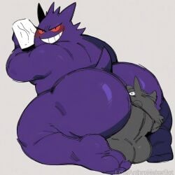 ai_generated big_ass big_dom_small_sub chubby domination domination/submission eating_ass evil_grin facesitting forced forced_facesitting gay gay_domination gengar pokemon pokemon_(species) pokephilia