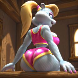 3d 3d_model ai_assisted ai_generated animal_ears anthro ass_focus berri big_ass big_breasts blonde_hair blue_eyes breasts buck_teeth cleavage conker's_bad_fur_day crop_top datlizardass eyeshadow female from_behind furry_female grey_fur long_hair makeup midriff open_mouth pink_nails pink_shorts ponytail rareware shorts smile solo