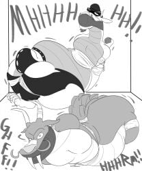 anthro arms_tied ass beithir_(kings_of_hell) big_butt bondage bound bulge bune_(kings_of_hell) dragon duo gag gagged genitals hi_res kings_of_hell leather_daddy legs_tied male male/male megazone23 monochrome mythological_creature mythological_scalie mythology penis penis_base scalie