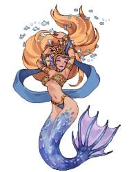 blonde_hair breasts closed_eyes female fish fish_humanoid fish_tail marble_gate_dungeon mermaid metal_bikini pixel_art twolips