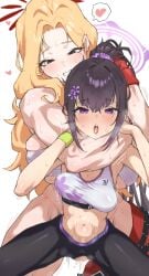 2girls akemi_(blue_archive) black_hair blonde_hair blue_archive blush breasts brown_eyes chest_sarashi cum cum_overflow female fingerless_gloves futa_with_female futanari gloves grabbing_another's_arm halo heart highres huge_breasts intersex large_breasts long_hair m_k multiple_girls muscular navel open_mouth pink_halo pussy red_gloves red_halo saliva sarashi semen semen_in_vagina sex sex_from_behind shaking_breasts sidelocks spoken_heart standing standing_sex stomach_bulge sumire_(blue_archive)