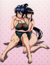 2girls apron_only arm_around_neck arms_around_partner aroused beautiful between_legs big_breasts black_hair blue_eyes blue_hair blush breast_envy child_bearing_hips cleavage covered_nipples curvy embarrassed erect_nipples female_focus fit_female flat_chest full_breasts golden_eyes green_apron hair_up hard_nipples heart_symbol heavy_breasts hips_wider_than_shoulders horny hourglass_figure huge_breasts huge_hips in_heat large_breasts light-skinned_female light_skin long_hair manyuu_chifusa manyuu_hikenchou nipples nipples_visible_through_clothing no_bra no_panties nude_underneath open_mouth perfect_body plump ponytail sayama_ouka sexy_body shiny_skin size_difference sweat sweating_profusely thick thick_thighs thighs toranoana touching_breast voluptuous wide_hips yuri