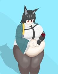 1girls bbw black_hair black_hair_female breasts fat fat_female fat_girl female female_focus female_only fox_ears fox_girl hollow_special_operations_section_6 hoshimi_miyabi hoyoverse light-skinned_female light_skin mihoyo mihoyo_technology_(shanghai)_co._ltd. obese overweight solo text thick_thighs thighs white_background wide_hips zenless_zone_zero