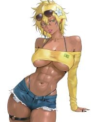 1girls abs bleach blonde_hair brazilian brazilian_female brazilian_miku_(cosplay) crop_top dark-skinned_female dark_skin female female_only insomniaboin lollipop looking_at_viewer muscular muscular_female short_hair short_shorts shorts skimpy skimpy_clothes solo sunglasses sunglasses_on_head thong thong_straps tia_harribel toned toned_female underboob