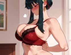 1girls adjusting_clothes ai_generated arms_behind_back balecxi bangs bare_shoulders black_bra black_clothes black_hair black_panties black_underwear blush bra breasts breath clavicle cleavage closed_mouth clothing curtains curvaceous curvaceous_female curvaceous_figure curvy curvy_figure dressing earrings female female female_focus female_only gold_earrings hair_ornament hairband headwear huge_breasts indoors jewelry lace lace-trimmed_bra lace_trim large_breasts light-skinned_female lingerie looking_down navel pantsu picture_frame red_bra red_eyes red_panties red_underwear short_hair_with_long_locks sidelocks skindentation solo spy_x_family standing stomach strap_gap sweat thighs underwear underwear_only upper_body voluptuous voluptuous_female window yor_briar yor_forger