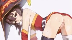 all_fours anus ass asymmetrical_legwear bandaged_leg bandages belt blush breasts brown_hair censored detached_sleeves dress female hat highres kono_subarashii_sekai_ni_shukufuku_wo! looking_at_viewer medium_hair megumin mismatched_legwear nipples open_mouth pussy red_dress red_eyes sidelocks single_thighhigh small_breasts solo thighhighs thighs waligner witch_hat
