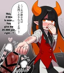 1boy 26_(tsuro) blood blush censored cum demon_girl ejaculation english_text female highres horns male_masturbation masturbation original pointy_ears self-harm single_horn wrist_cutting