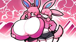 2girls abstract_background ass belly_button big_breasts big_thighs blue_eyes breasts button_gap cleavage crop_top dewbber duo duo_female female female_only furry generation_6_pokemon huge_breasts huge_thighs hyper_breasts large_breasts large_thighs nurse peace_sign pink_hair pink_topwear pokémon_(species) pokemon pokemon_(species) selene_(itsawulf) skirt squished_breasts sylveon tail thick_thighs thighs white_fur wide_hips