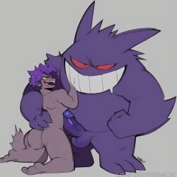 ai_generated arm_around_partner blush cock_worship domination domination/submission evil_grin forced forced_submission gay gay_domination gengar human hypnosis on_knees pokemon pokemon_(species) pokemon_trainer pokephilia tongue_out worship worshiping