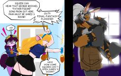 2d 3girls angry blocked bunny_ears dialogue door english_text female final_fantasy final_fantasy_xii fox fran_(ffxii) frizzy_fox helmet high_heels kissing mouse rabbit sex shonuff shonuff44 shred_(shonuff) speech_bubble squeak text viera wolf