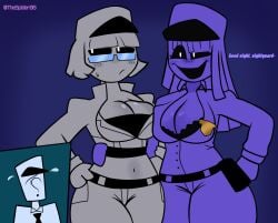 1boy 2girls belly_button blushing_female bra cleavage cleavage_cutout cleavage_window curvaceous curvaceous_female curvy curvy_female curvy_figure five_nights_at_freddy's gray_hair gray_skinned_female grey_skin henry_emily mischievous_smile professional_clothes purple_hair purple_skin rule_63 rule_63 security_guard text william_afton