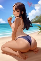1girls 2d ai_generated areolae ass back bare_shoulders beach big_ass bikini bikini_pull black_hair blue_bikini blue_eyes brown_eyes competition_swimsuit dark_skin dark_skinned_female day erophoenix female female_focus full_body hairclip hayase_nagatoro jewelry long_hair looking_at_viewer ocean one-piece_swimsuit one-piece_tan outdoors patreon_username please_don't_bully_me,_nagatoro pointy_ears sitting skin_fang sky small_breasts smile solo swimsuit tan tan_body tan_lines tanline thick thick_thighs uncensored