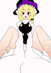 :< animated blonde_hair blush bottomless cookie_(touhou) cowgirl_position cum cum_explosion cute ejaculation hat implied_sex long_sleeves marisa_kirisame pale-skinned_female pov sorry_carl terrifying touhou witch_hat yuuhi_(cookie)