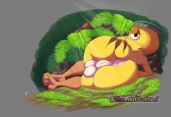 anthro anus ass avian avian_feet balls big_butt bird blue_sky_studios canary femboy finch forest genitals hi_res inviting_to_sex jungle lgbt_pride looking_at_viewer looking_back male moss nico_(rio) oscine passerine perineum plant presenting presenting_anus presenting_hindquarters rio_(series) solo thelordjoshua1 tree watermark yellow_body yellow_eyes