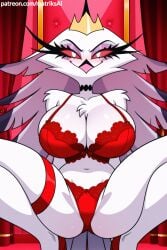 absurd_res ai_generated anthro ass avian beak big_breasts biped bird breasts breasts cleavage clothed clothing demon eyelashes female front_view giant_breasts helluva_boss hi_res huge_breasts large_breasts legwear lingerie matriksai owl red_sclera simple_background solo stella_(helluva_boss) sweat swimwear thigh_highs two-piece_swimsuit white_body white_eyes