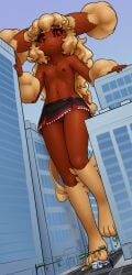 :3 alloyrabbit animal_ears animal_feet animal_nose barefoot black_sclera black_skirt blonde_hair body_fur brown_fur bus city cleft_of_venus closed_mouth collarbone colored_sclera commentary dutch_angle english_commentary female flat_chest frilled_skirt frills full_body furry furry_female giant giantess hands_up happy highres large_variant_set leg_up legs long_hair looking_at_viewer lopunny microskirt motor_vehicle navel nipples no_panties outdoors pokemon pokemon_(creature) pussy rabbit_ears rabbit_girl rabbit_tail red_eyes red_trim road short_tail sidelocks skirt smile solo standing standing_on_one_leg stomach tail thighs topless_female two-tone_fur uncensored v-shaped_eyebrows variant_set wavy_hair yellow_fur