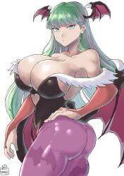 1girls 2d 2d_(artwork) bat_print bat_wings big_ass big_breasts big_butt black_suit breasts bursting_breasts busty capcom chikoinochi cleavage clothing darkstalkers female green_eyes green_hair hand_on_hip heart_cutout large_breasts looking_at_viewer morrigan_aensland pose posing puckered_lips purple_leggings purple_legwear succubus