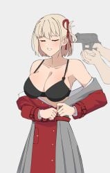 1female 1girl1boy big_breasts black_bra black_underwear blonde_female blonde_hair closed_eyes forced forced_undressing gar32 gun gun_to_head gunpoint lycoris_recoil nishikigi_chisato underwear undressing