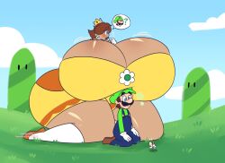 1boy 1girls 2d 2d_artwork big_breasts big_thighs blue_overalls blue_sky blue_sky_background breasts breasts_bigger_than_head breasts_on_head cleavage clothing clouds crown dress duo earrings enormous_breasts enormous_thighs facial_hair female flower flower_earrings gigantic_breasts gigantic_thighs gloves grass green_hat green_shirt hat hill huge_breasts kneeling large_breasts large_thighs larger_female legwear light-skinned_male light_skin looking_for_someone luigi male male/female mario_(series) massive_breasts massive_thighs mature mature_female mature_male nintendo oddly_bally on_knees orange_dress outdoors overalls princess princess_daisy royalty shoes size_difference smaller_male tan-skinned_female tan_body tan_skin thick_thighs thighs white_gloves white_legwear
