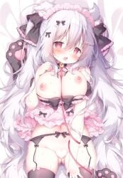 animal_ears bell black_thighhighs blush bow breasts censored clothes_pull detached_collar female garter_belt garter_straps grey_hair hair_ornament hairbow hairclip heart heart_censor highres jingle_bell large_breasts looking_at_viewer maid momozu_komamochi navel nightgown nipples open_mouth original pink_headdress pink_nightgown red_eyes solo thighhighs thighs twintails
