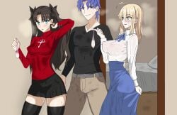 1boy 2girls after_sex artoria_pendragon ass_grab condom ffm_threesome happy happy_sex matou_shinji saber smile sweat tagme tagme_(artist) threesome tohsaka_rin