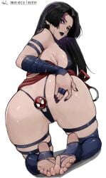 absurdres aelion_draws anal anal_object_insertion artist_name ass black_hair breasts butt_plug earrings feet female fingernails hand_on_own_ass highres hoop_earrings huge_ass jewelry large_breasts leg_belt leotard looking_at_viewer looking_back marvel marvel_rivals object_insertion parted_bangs patreon_username presenting presenting_ass psylocke psylocke_(vengeance) purple_eyes purple_leotard sash sex_toy simple_background soles solo spider-man thong toe_ring toeless_legwear torn_clothes torn_leotard waist_sash white_background x-men